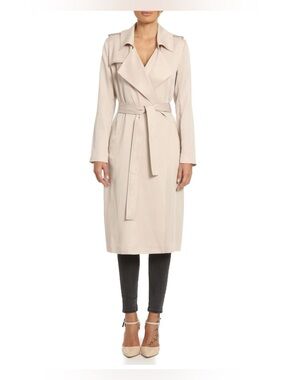 Badgley Mischka faux leather trim long trench coat